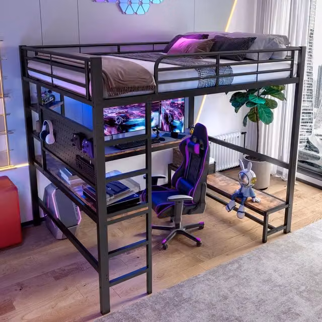 Letto a soppalco matrimoniale OKWISH in metallo nero con scrivania, ripiani, illuminazione LED e porta USB tipo C, L/P: 140 x 200 cm