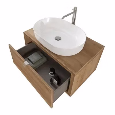 Mobile bagno sospeso Master INBAGNO in rovere color marrone con lavabo a bacinella, specchio tondo con illuminazione LED e ante con chiusura soft-close, Larghezza: 80 cm – 2