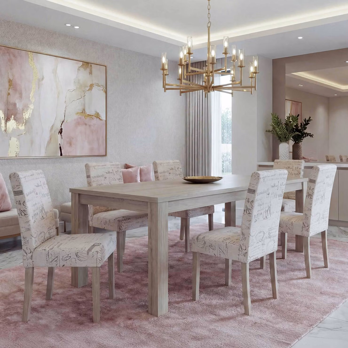 set di 6 sedie da sala da pranzo Littau, sedia da cucina ~ tessuto con scritte, crema, struttura delle gambe - rovere