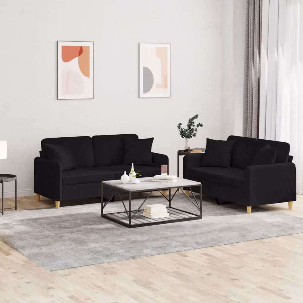 Set di 2 divani vidaXL moderni in tessuto nero con cuscini per soggiorno – 1