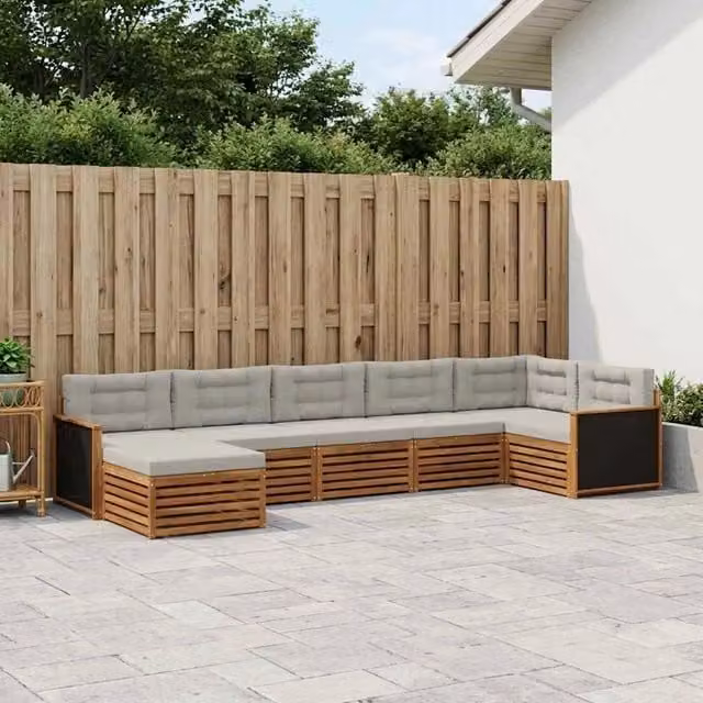Set di divani da esterno a L vidaXL in legno di acacia con cuscini, 7 pezzi, Beige e Grigio – 1