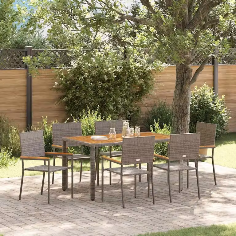 Set da pranzo per giardino e terrazza vidaXL in polyrattan e legno di acacia, 7 pezzi, Grigio e Marrone