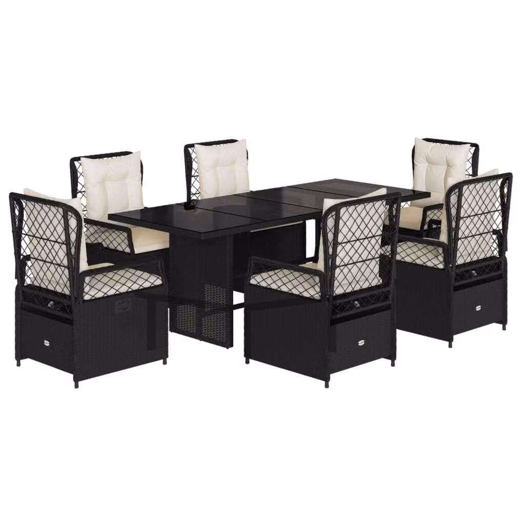 Set da Pranzo da Giardino 7 pz Nero con Cuscini in Polyrattan