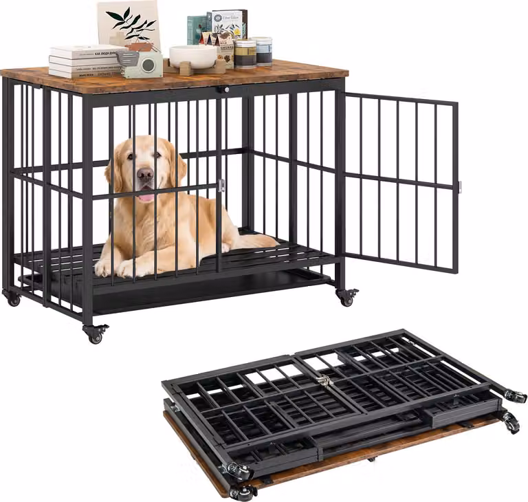 COSTWAY 97x64x75 cm gabbia per cani, pieghevole, cuccia per cani con ruote, vassoio rimovibile e porta con serratura, tavolo laterale 2in1 box per cani da interno
