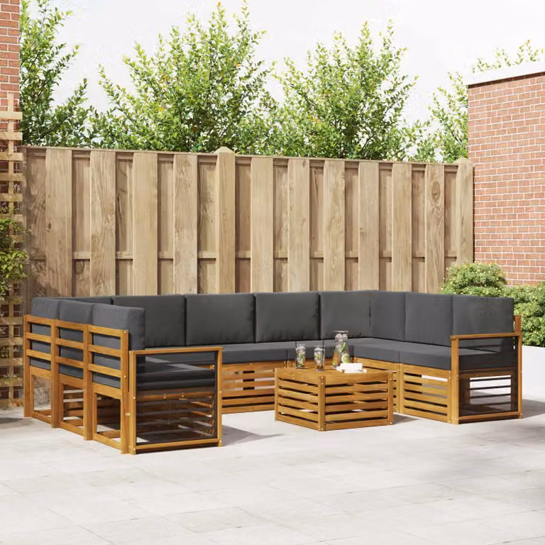 vidaXL Set di divani da esterno a forma di U in legno di acacia con cuscini, Beige e Antracite
