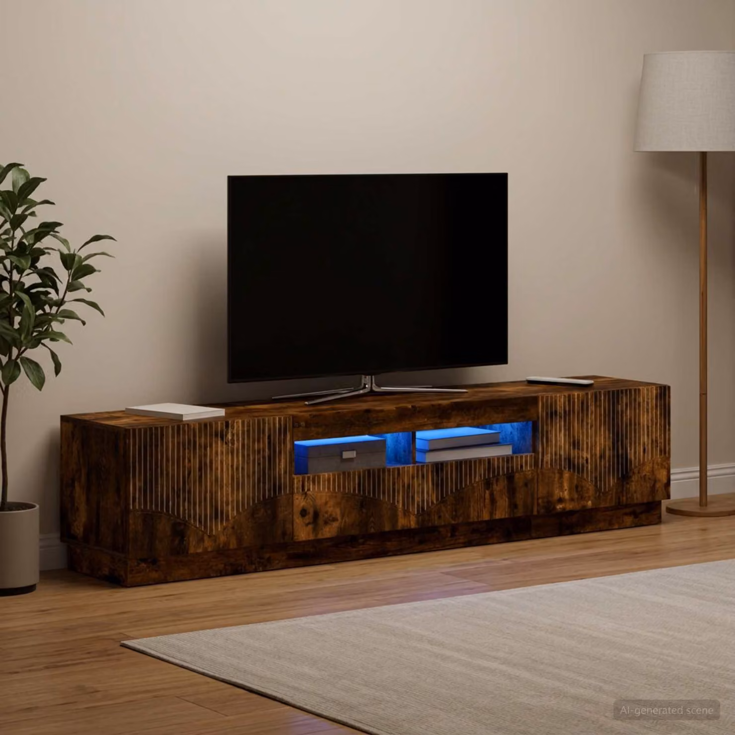 Mobile TV Stand vidaXL HOORN in Rovere Fumo, con Illuminazione Integrata e Compartimenti Media, L: 179 cm, H: 40 cm, P: 35 cm