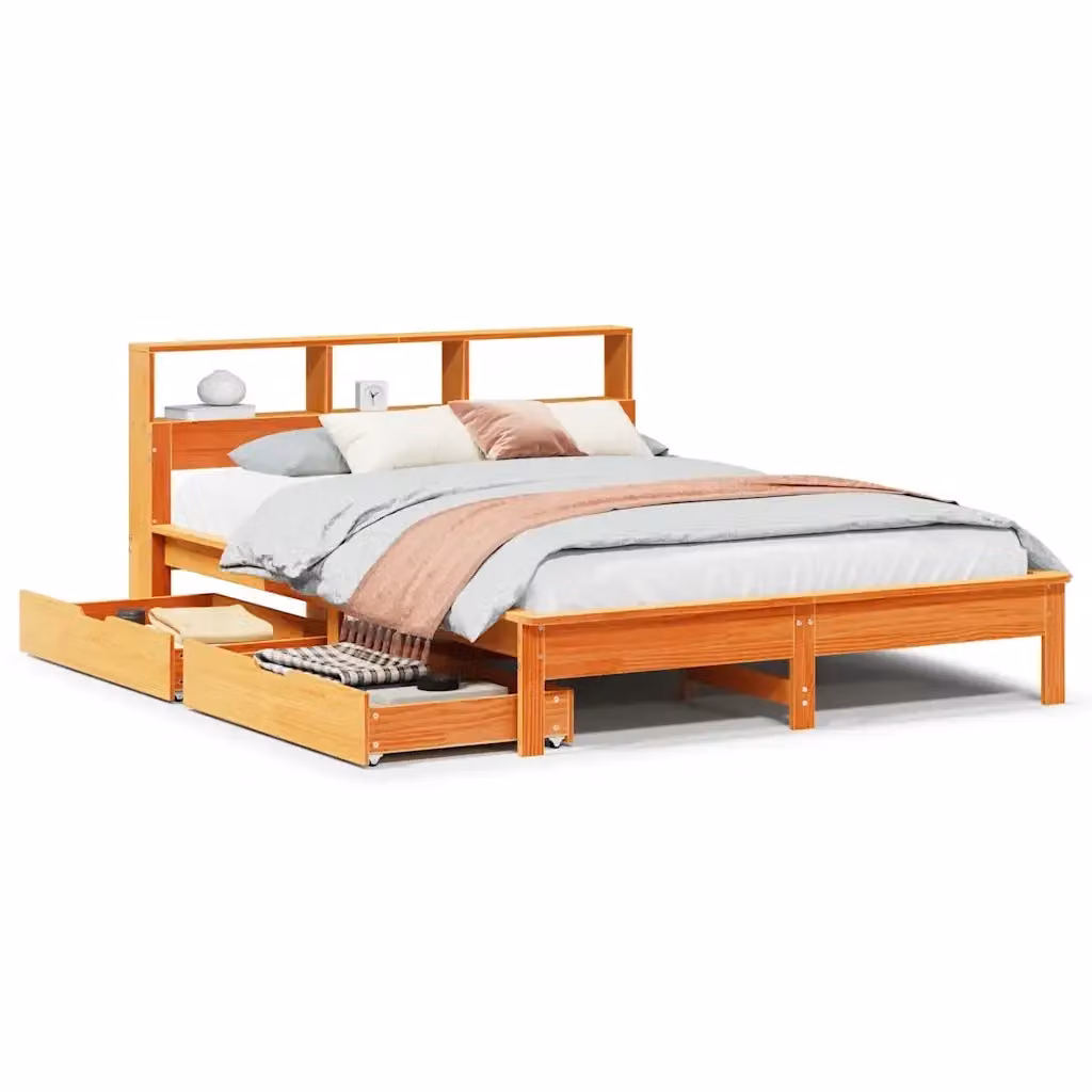 Letto Libreria vidaXL in Legno di Pino Marrone Cera con Scaffali e Cassetti L/P/H: 150 x 200 cm – 2
