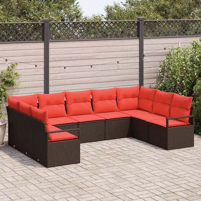 Maison Exclusive - Set di divani da giardino, 9 pezzi, color marrone e rosso, in rattan sintetico