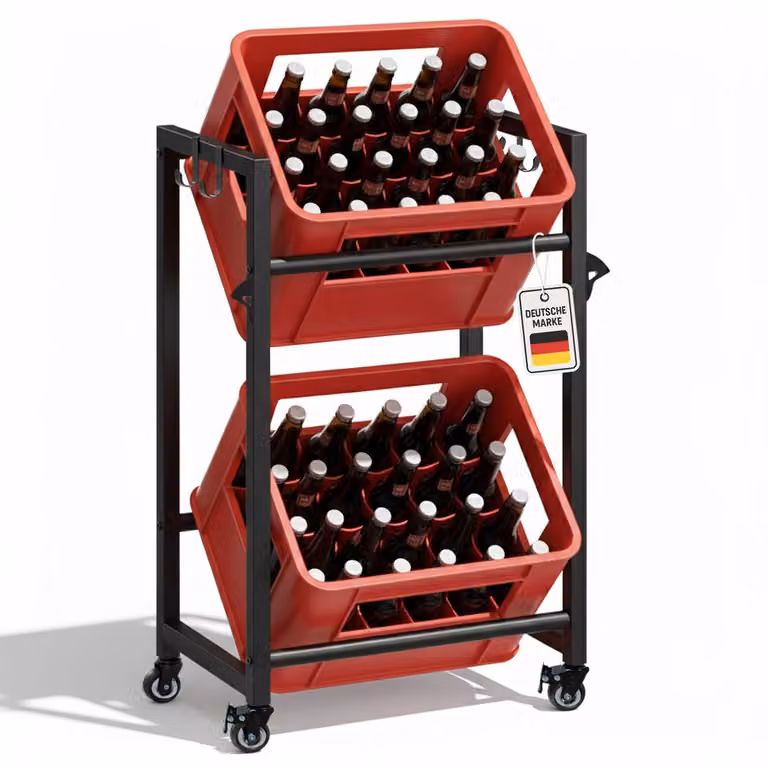 Portabottiglie Roxlin per 2 casse – Scaffale in metallo robusto con ruote, ganci e apriscatole, supporto mobile per casse di birra e acqua