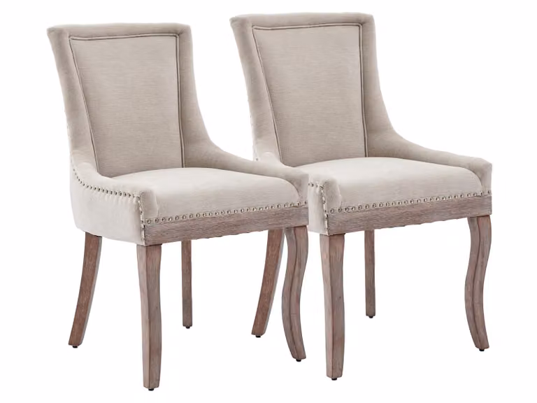 Set da 2 sedie da sala da pranzo; sedia da cucina con rivestimento in ciniglia, gambe in legno con piedini regolabili, sedia imbottita con schienale ricurvo, design con rivetti