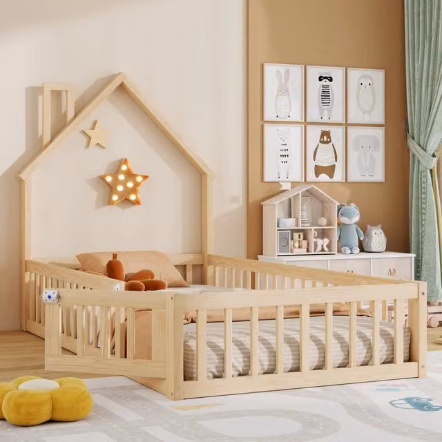 Letto Casetta per Bambini MINIMAL in Pino Naturale con Rete a Doghe, L/P/H: 200 x 90 x 147 cm