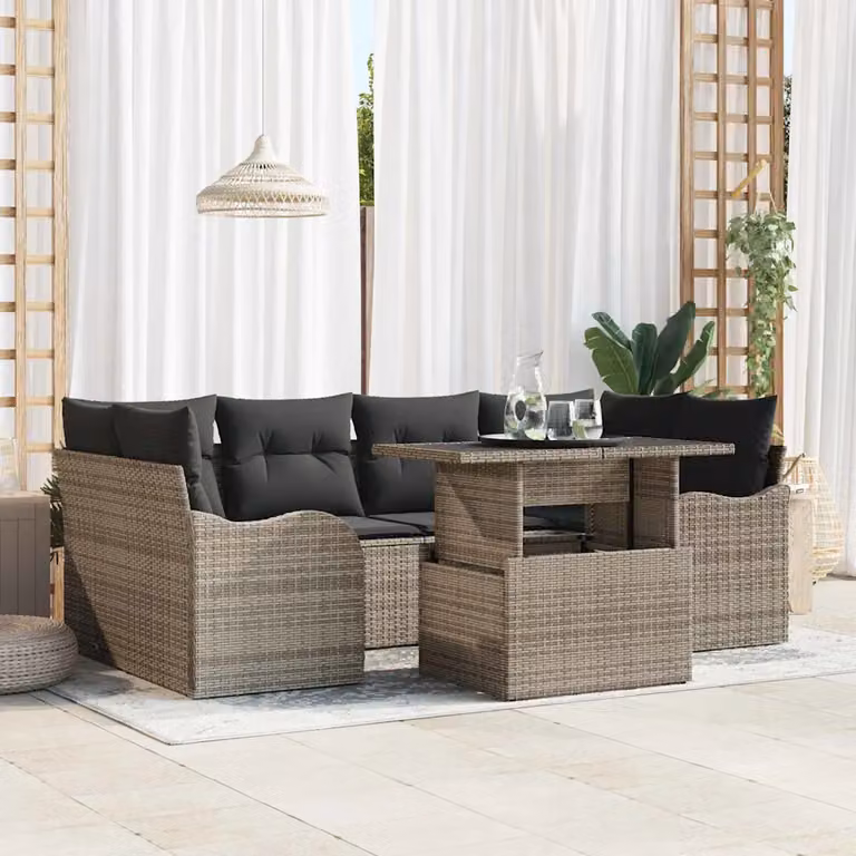 vidaXL Set Divano da Giardino Moderno 7 Pezzi Grigio con Tavolino e Cuscini in Rattan e Metallo