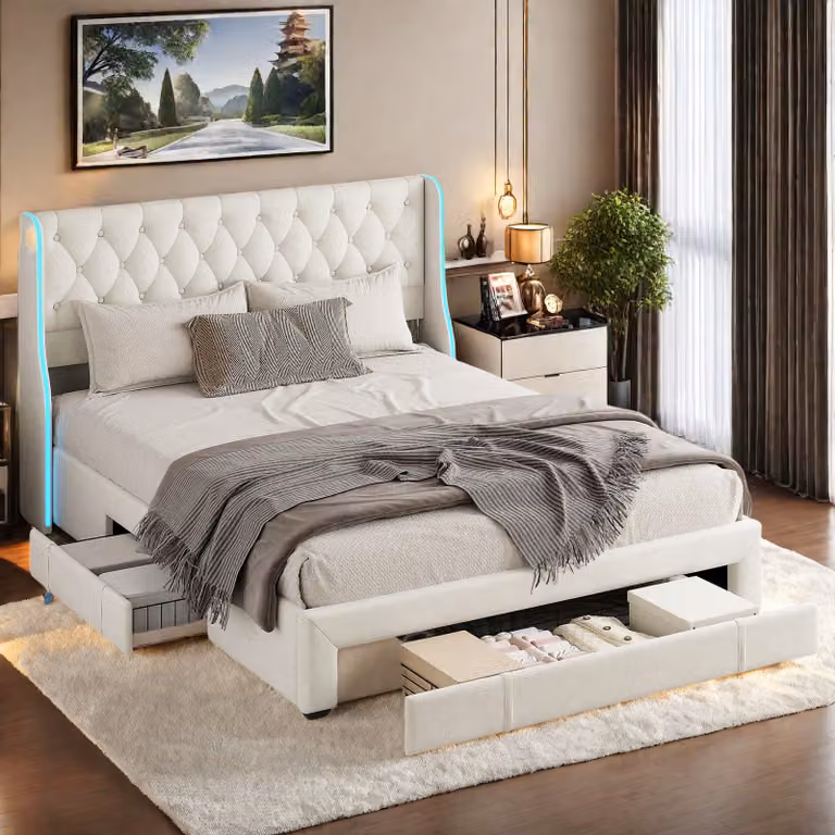 Letto imbottito 160 x 200 con illuminazione LED, testata con contenitore, letto matrimoniale Struttura letto con rete a doghe e cassetti (beige, 160 x 200 cm)