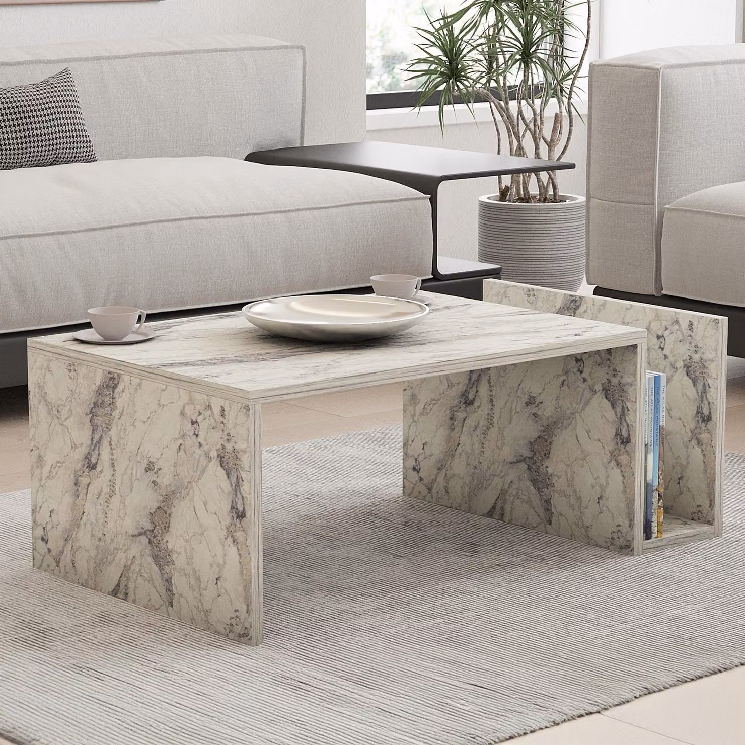 Piuro - Tavolino da Salotto, 87x50x32h cm Bianco Marmo, un Vano