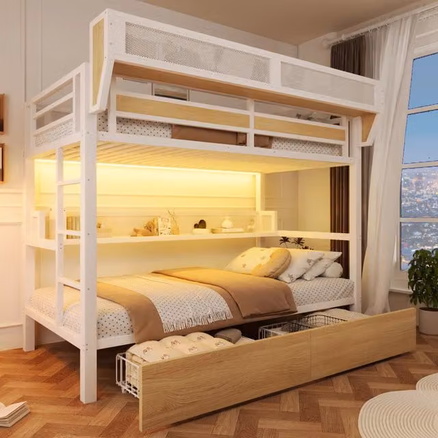 Letto a castello 90 x 200 cm; struttura in ferro; ripiano; cesto contenitore; 2 cassetti in ferro; illuminazione LED; bianco