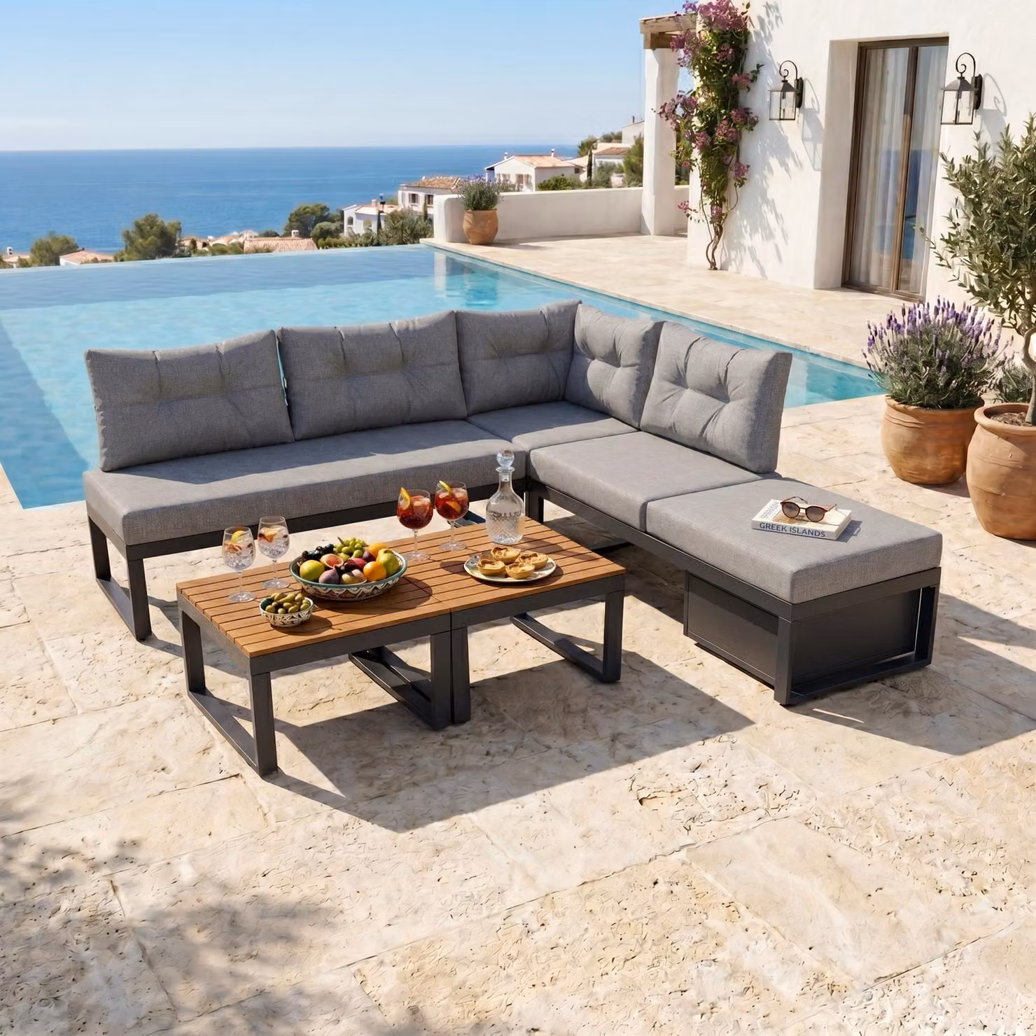 Set da giardino LVHOM con funzione lettino, set di mobili da giardino con vano portaoggetti, divano da esterno a L in metallo, salottino angolare con cuscini e tavolini, grigio