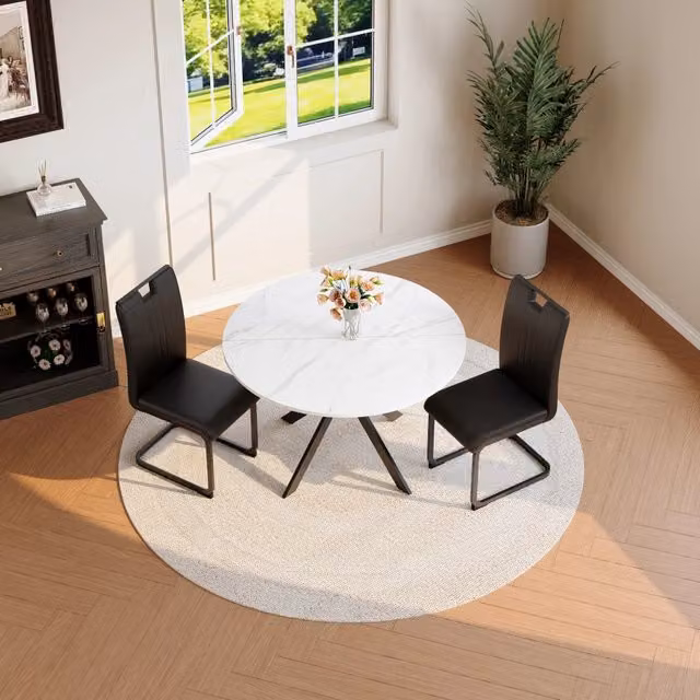 Set tavolo da pranzo e sedie con 1 tavolo rotondo e 2 sedie in MDF metallo e PU nero e bianco