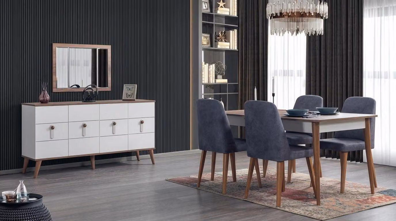 Set da pranzo moderno bianco, composto da: tavolo da pranzo design, 4 sedie e un mobiletto contenitore