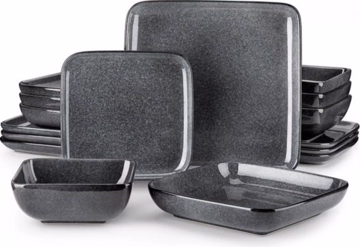 Set da portata Happyment - 16 pezzi - Per 4 persone - Quadrato - Vetroceramica - Grigio