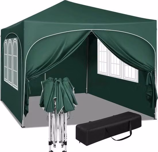 Tenda da Festa 3x3m - Tenda da Festa Opvoluta - Tenda da Festa Acquaparata - Protezione UV - Altezza Regolabile - Colore Verde