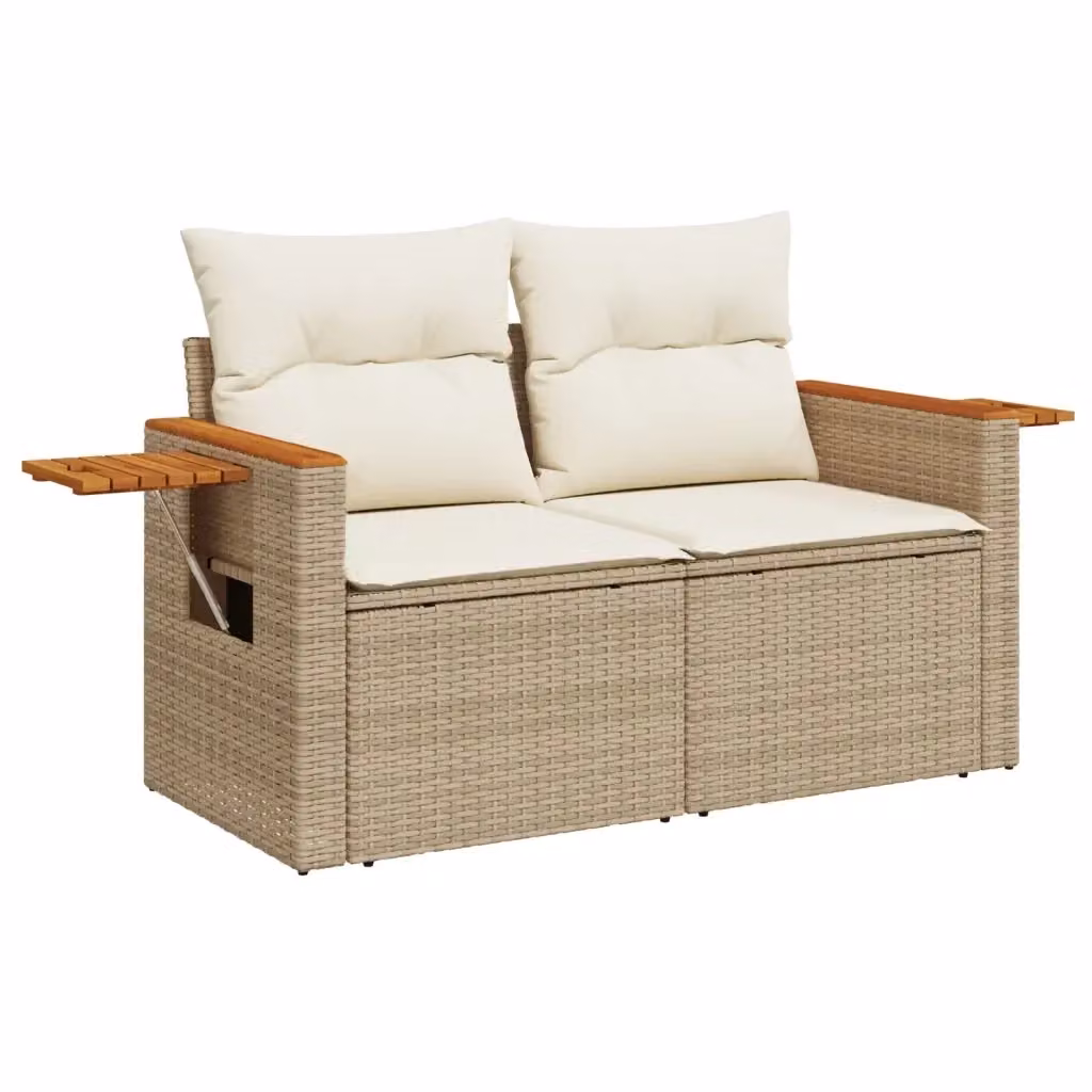 Divano da giardino a 2 posti vidaXL in polyrattan con cuscini beige e struttura in legno di acacia oliato – 2
