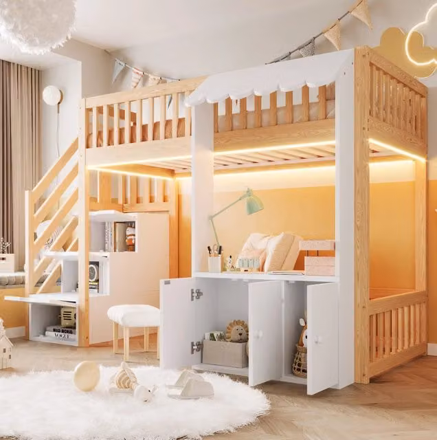Letto a soppalco ULEVR 90x200 cm con scala a 3 vani, mobile contenitore e LED multicolore, color legno