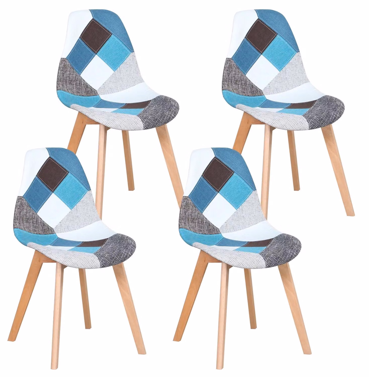 Set di 4 sedie da pranzo - Sedia imbottita con tessuto patchwork - Gambe in legno - Design retrò moderno - Senza braccioli - Adatta per cucina e soggiorno - Colore blu