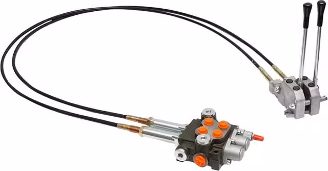 Distributore idraulico Breckner con 2 leve, colore argento, pressione 250 bar e portata 40L/min, cavo da 2m