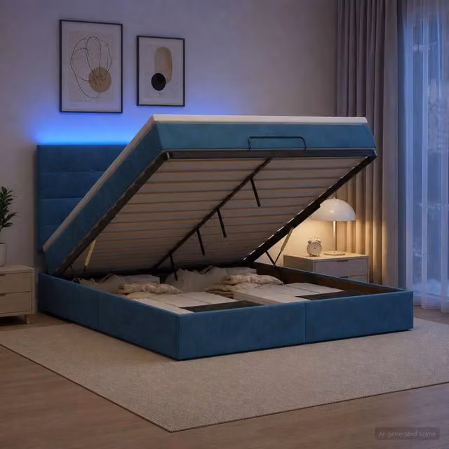 Letto Ottomano con Materasso Ibrido e Illuminazione LED vidaXL, Blu e Bianco, L/P/H: 140 x 200 x 88 cm