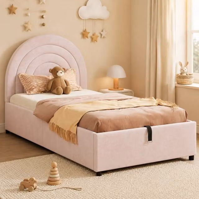 Letto imbottito con contenitore idraulico 90x200 cm in velluto rosa per cameretta