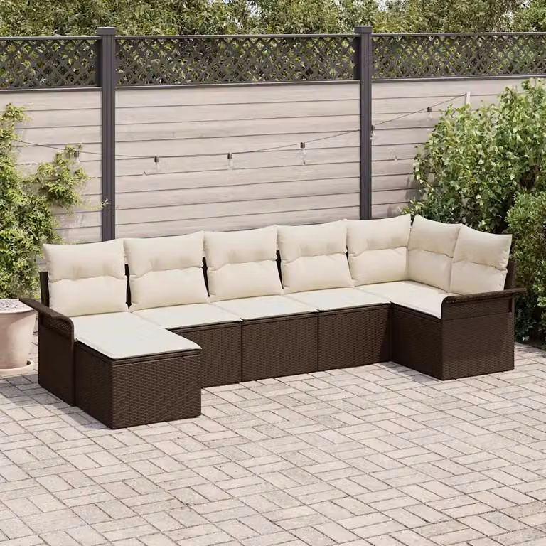 Set Divano da Giardino a L vidaXL in Polyrattan Marrone con 7 Cuscini e Struttura in Metallo