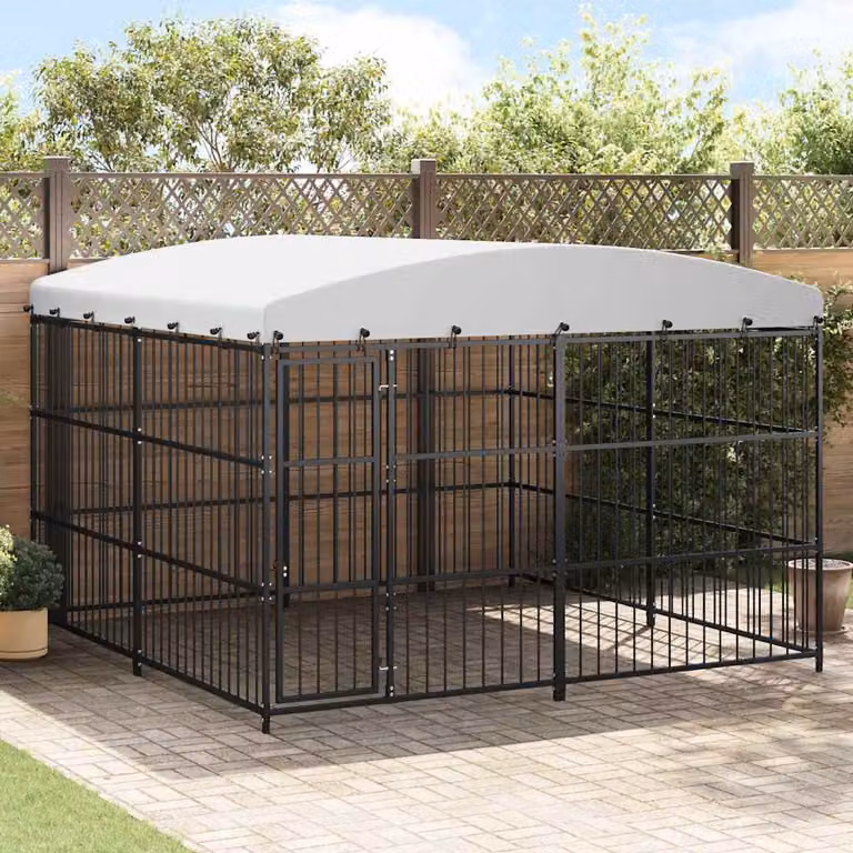 Canile da esterno con tetto vidaXL in metallo laccato, resistente alle intemperie, L/P/H: 300 x 300 x 210 cm, grigio e nero