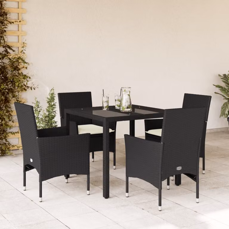 Set da pranzo da giardino vidaXL in polyrattan e vetro con 5 pezzi e cuscini, bianco e nero