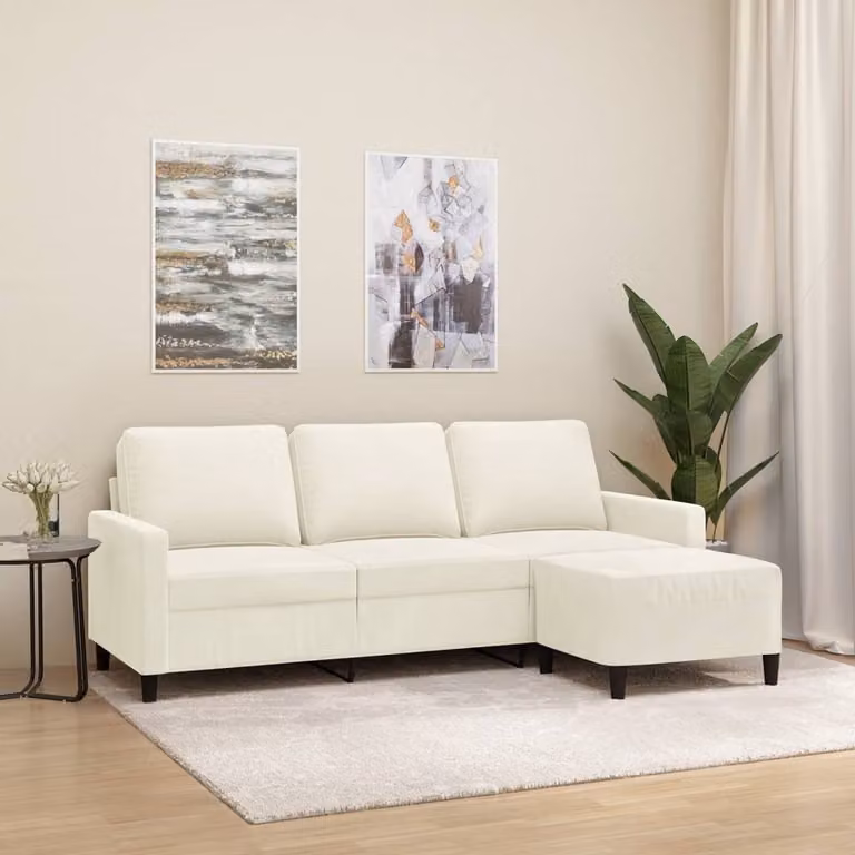Maison Exclusive - Divano a tre posti con poggiapiedi, color crema, 180 cm, in velluto