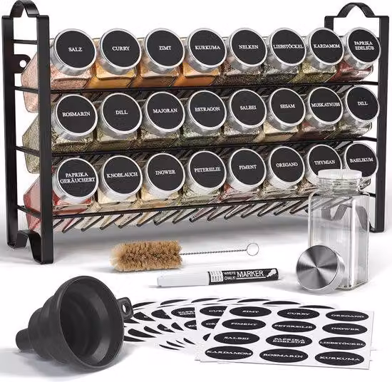Porta-erbe aromatiche in metallo a quattro ripiani con 24 contenitori e 48 etichette per l'organizer da cucina.
