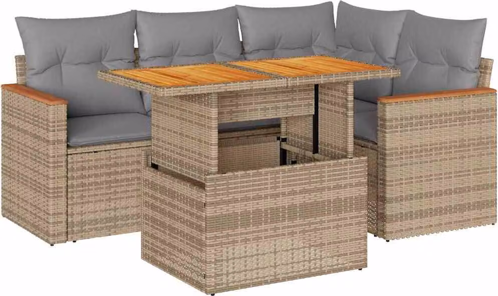 Set Divano da Giardino 5 pz con Cuscini Beige Polyrattan Acacia