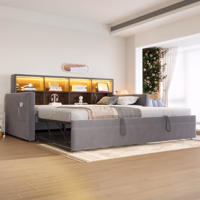 Divano letto imbottito 90x190 cm con letto estraibile, testiera con spazio contenitore, illuminazione LED, presa di corrente, porte USB e di tipo C, rivestito in velluto, colore grigio scuro