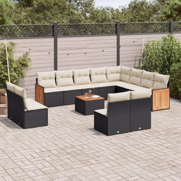 Set di divani da giardino vidaXL 13 pezzi in polyrattan nero con cuscini e tavolino da esterno a forma di U