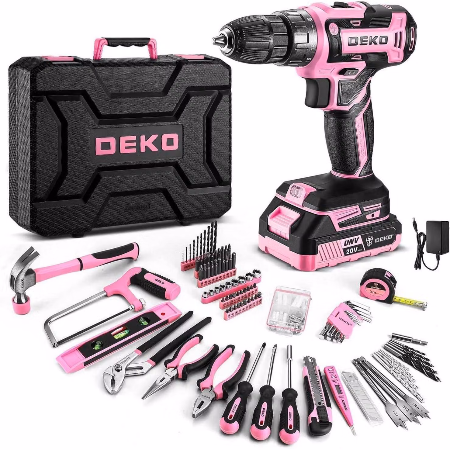 Kit di attrezzi da 186 pezzi con avvitatore a batteria da 20V, colore rosa