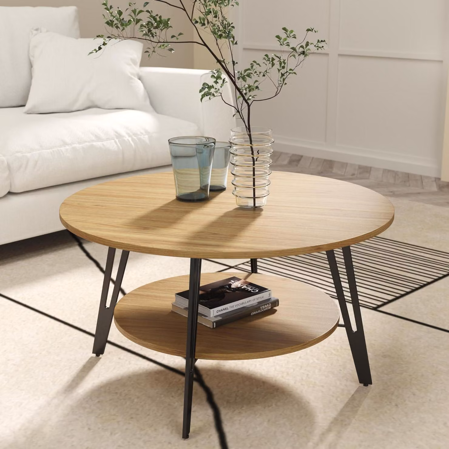 Tavolino da salotto rotondo in legno di quercia con spazio contenitore, diametro 78 cm, altezza 43 cm