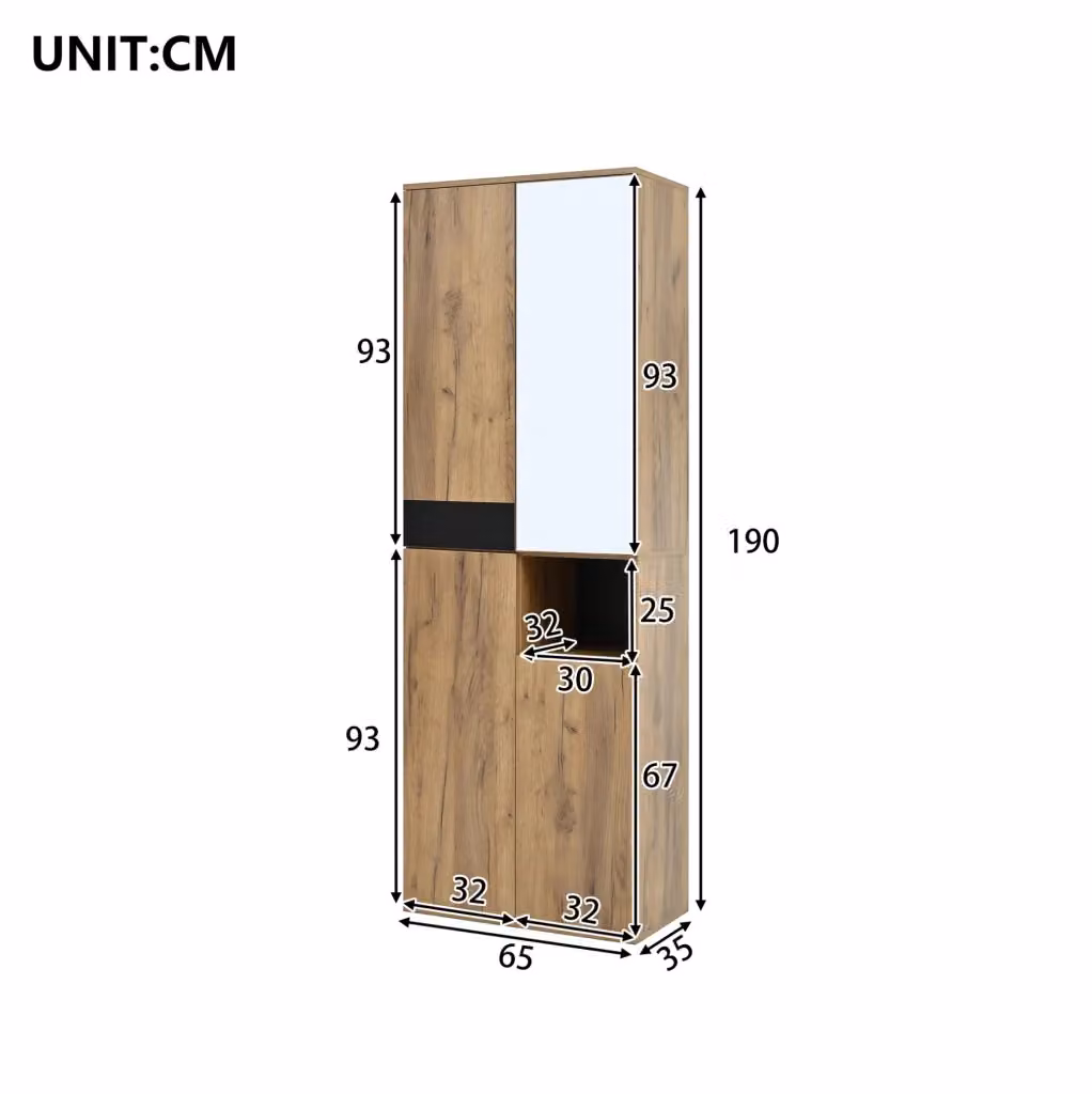 Armadio alto a 4 ante con specchio e vano a giorno per camera da letto, disponibile in nero o marrone, L: 65 cm, P: 35 cm, H: 190 cm