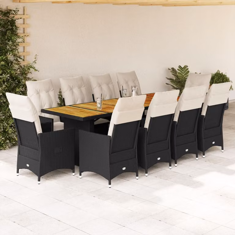 Set da Bistrò da Giardino vidaXL 11 pz in Polyrattan Nero con Cuscini e Legno di Acacia