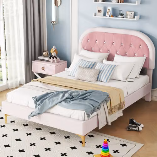 Letto imbottito AIORBER, 140x200cm, letto con rete a doghe, letto con piedini in metallo, velluto, testata curva, letto per bambini, per camerette, appartamenti, rosa