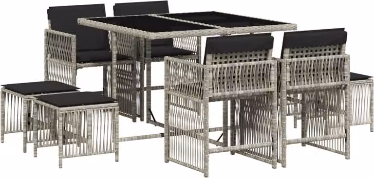Set Pranzo da Giardino 9pz con Cuscini Grigio Chiaro Polyrattan