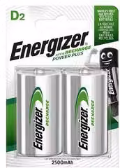 Batteria ricaricabile Energizer D POWER PLUS da 2500mAh, colore argento (confezione da 2 pezzi)