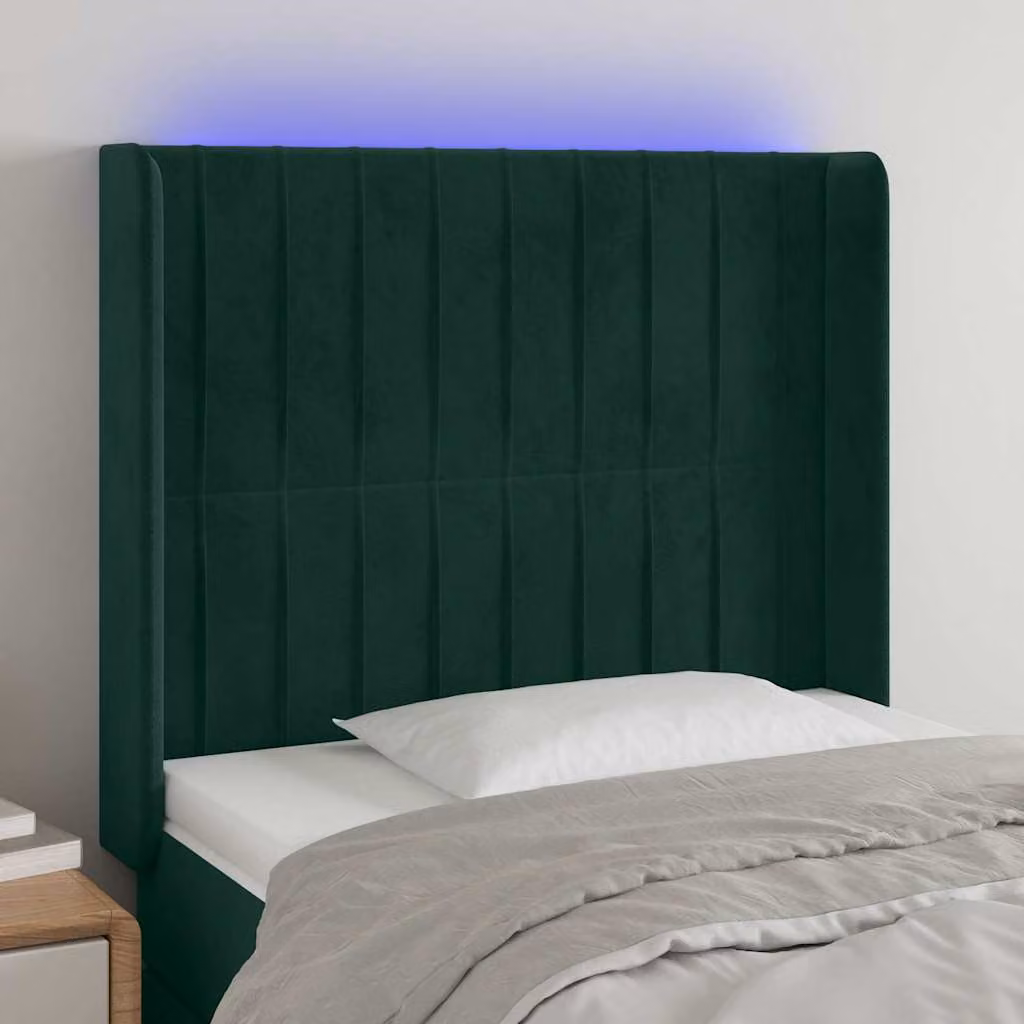 Testiera per letto vidaXL in velluto verde scuro con illuminazione LED e porta di ricarica USB, L/P/H: 93 x 16 x 118/128 cm