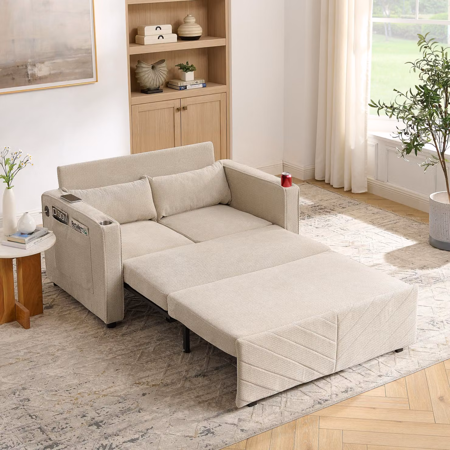 MODFU: Letto a scomparsa con divano a 2 posti, sistema scorrevole, porta USB, imbottitura, funzione relax, ideale per piccoli appartamenti, colore beige