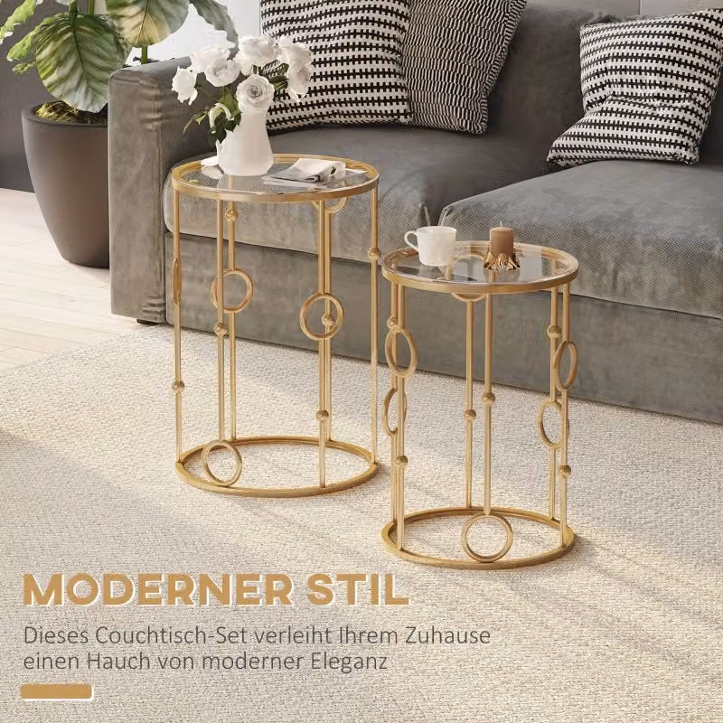 Set di 2 tavolini da salotto rotondi WISHDOR in metallo e vetro, design moderno, colore oro – 2
