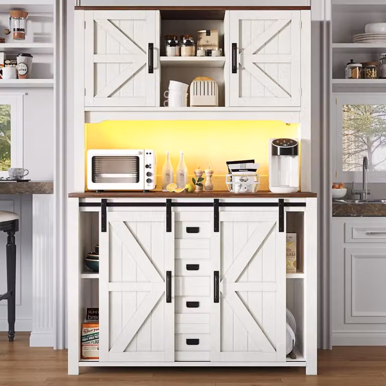 Mobiletto da cucina a buffet con ante scorrevoli e illuminazione LED, dimensioni 115x40x174,7 cm, colore bianco