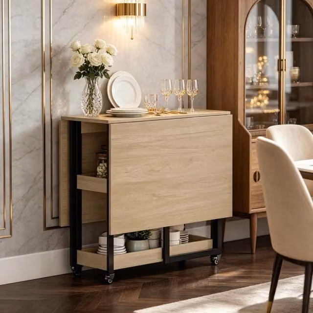 Tavolo da pranzo pieghevole ULEVR 133,4x80 cm con 2 vani aperti e ruote con freno, effetto rovere